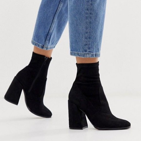 ASOS Chunky Heeled Ankle Boots Side Zipper Sock Size UK 6 US Size 7 Black Bootie - Picture 1 of 8